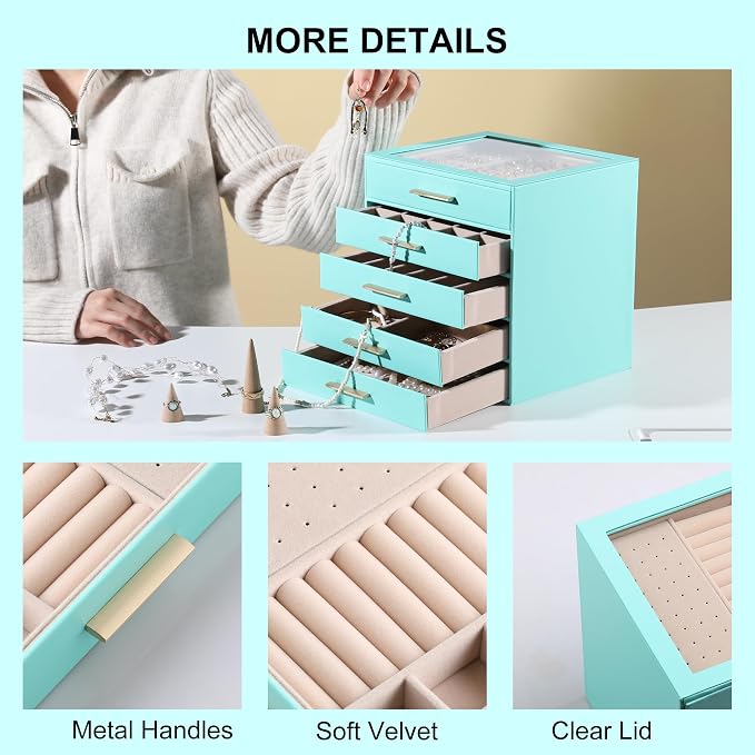 Frebeauty Jewelry Box for Women,Clear Lid Jewelry Organizer with 5 Drawers | Faux Leather,Velvet Lining,5-Layer Large Capacity,Jewelry Storage for Rings Earrings,Dustproof Design,Golden Stylish Handle