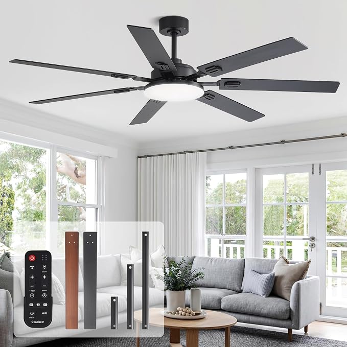 64 Inch Ceiling Fans with Lights and Remote, Bedroom Living Room Office Library Cafe Outdoor Industrial, 5CCT Dimmable, Dual Color 7 Blades, 6 Speed Reversible Quiet DC Motor, Black/Wood Grain