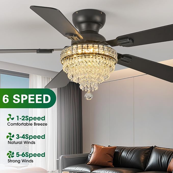 52“ Crystal Ceiling Fans with RGB Lights, Remote/App Control, Modern Fandelier Flush Mount, Reversible DC Motor, Dimmable, Noiseless Ceiling Fan for Bedroom, Living Room (Black)