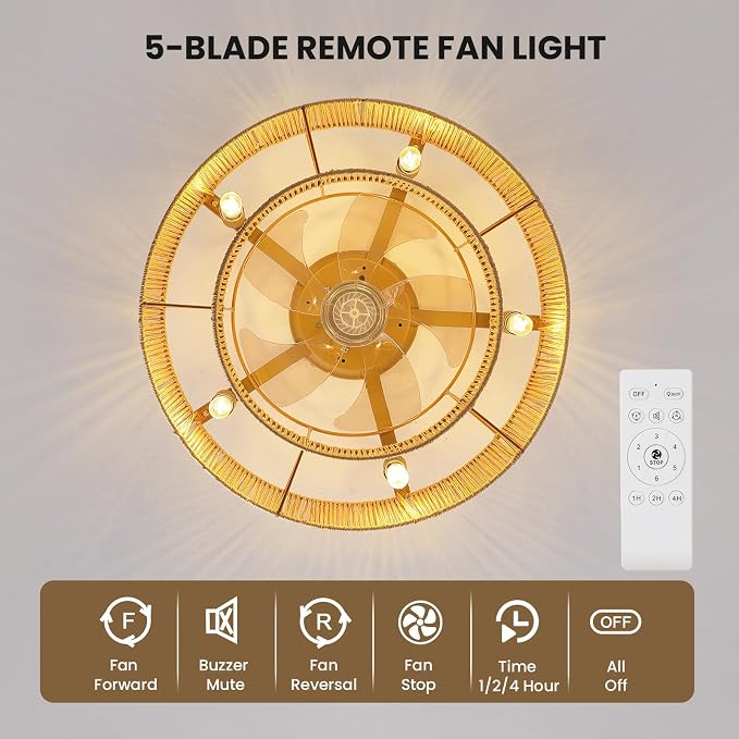 RUIYEY Boho Ceiling Fans with Lights: 20 inch Fandelier Low Profile Ceiling Fans with Remote Control, 5 Blades 6 Speeds DC Reversible E12 5 Light Flush Mount Rattan Ceiling Light Fixtures for Bedroom
