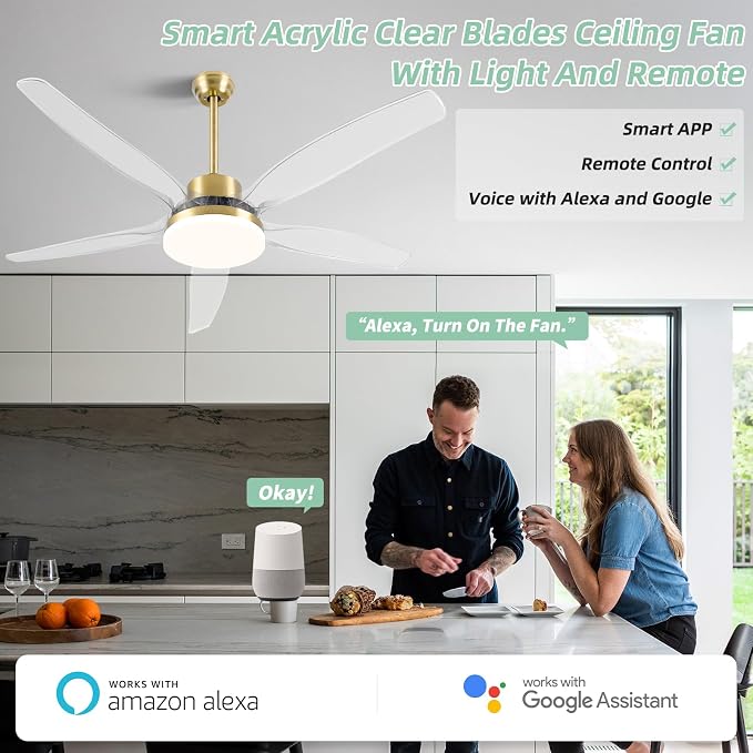 OKELI Smart Ceiling Fans with Light and Remote, Voice Control via WiFi Alexa App, 58 Inch Modern Clear Blades Gold Alexa Ceiling Fan Reversible Dimmable LED Ceiling Fan for Living Room