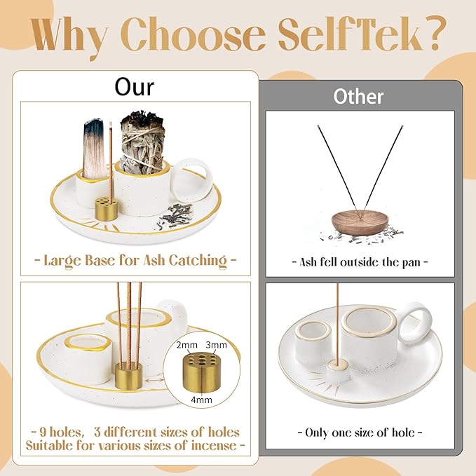 SelfTek 5 in 1 Incense Holder for Sticks, Ceramic Incense Burner Holder and Ash Catcher Tray, Palo Santo Holder - 9 Incense Holes for Candle, Sage Holder for Burning for Meditation Yoga Room (White)