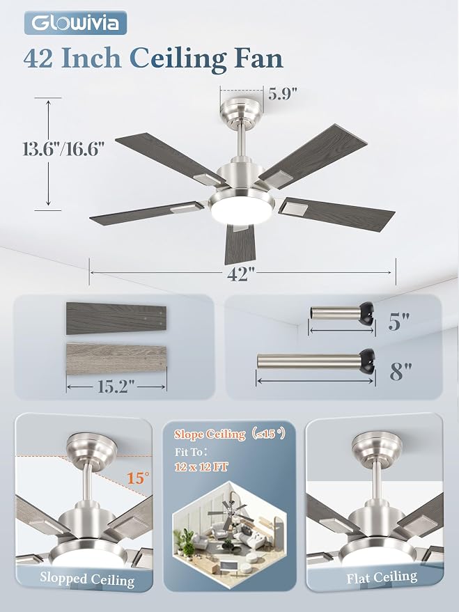 42 Inch Ceiling Fans with Lights and Remote&APP Control, Brushed Nickel Smart Ceiling Fan with 3000-6000K Dimmable, 6 Speeds Reversible, Indoor/Outdoor Ceiling Fan for Bedroom Living Room