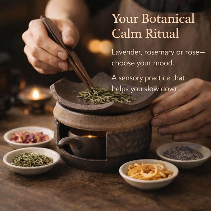 Zen Ceramic Incense Holder with Wooden Tongs, Tealight Wax Warmer and Essential Oil Burner for Wax Melts, Dried Herbs and Palo Santo, Aromatherapy Stove for Bedtime Calm, Meditation, Home and Office
