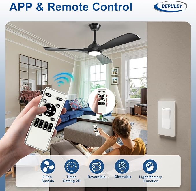 Depuley 52-Inch Ceiling Fan with Light: Black 3 Blade Outdoor Fans for Patios - Dimmable Indoor Fan with Remote Control Fandelier for Living Room Bedroom Porch Quiet Motor Reversible 6 Speed Timer