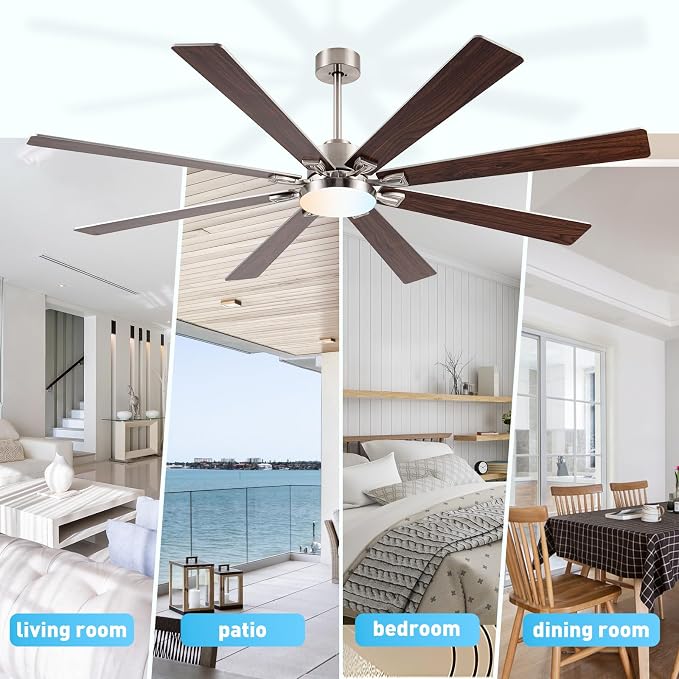 Minislak 72Inch Large Brushed Nickel Ceiling Fans with Light and Remote Control,8 Wooden Blades,6-Speeed,3CCT,Quiet Reversible DC Motor,Indoor Outdoor Ceiling Fan for Patio/Living Room/Garden