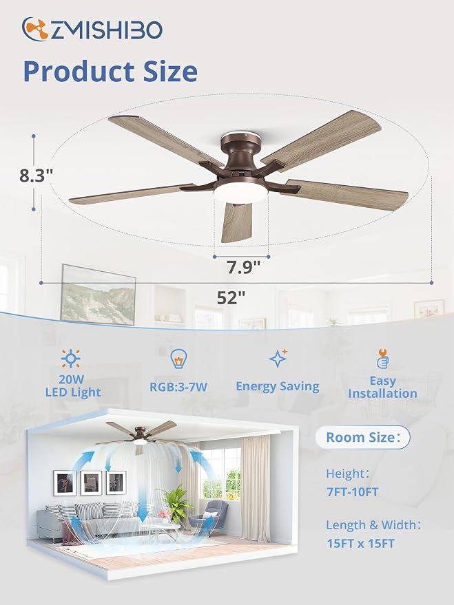 ZMISHIBO 52 Inch Ceiling Fan with RGB Lights, Low Profile Flush Mount with Alexa/App/Remote, Dimmable 20W LED Light, Brown Farmhouse for Living Room, Bedroom, Game Room