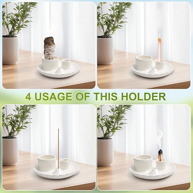 Palo Santo Sticks Holder, 4 in 1 Incense and Candle Holder for Burning Sage and Sticks for Burning, Ash Catcher Tray for Meditation Yoga Room (White)