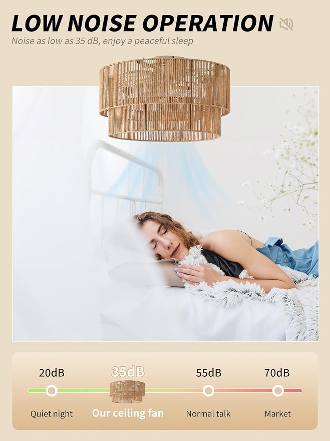 SYDACG Flush Mount Ceiling Fan with Lights Low Profile, 20" Rattan Boho Ceiling Fan with Light Remote Control, Bladeless Caged with 6 Speeds for Bedroom, Living Room, Nursery