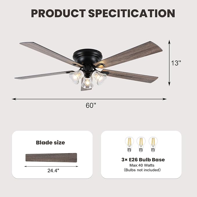 Dawn Whisper 60 Inch Farmhouse Flush Mount Ceiling Fans with 3 Lights Bulbs Base Vintage Low Profile Ceiling Fan for Living Room Bedroom