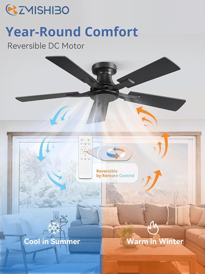 ZMISHIBO 42 Inch Ceiling Fan No Light, Flush Mount Low Profile, Modern Black Ceiling Fan Without Light, Remote Control & Quiet DC Motor, for Indoor&Outdoor, Bedroom, Living Room