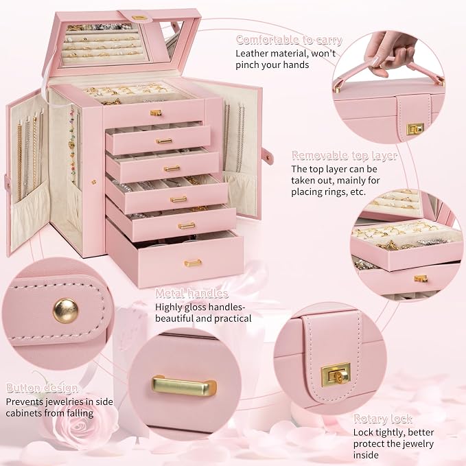 AKOZLIN 6-Tier Jewelry Box Organizer Functional 5 Drawers Leather Jewelry Storage Case for Women Girls Ring Necklace Earring Bracelet Holder Organizer with Mirror Extra Large Champagne Pink