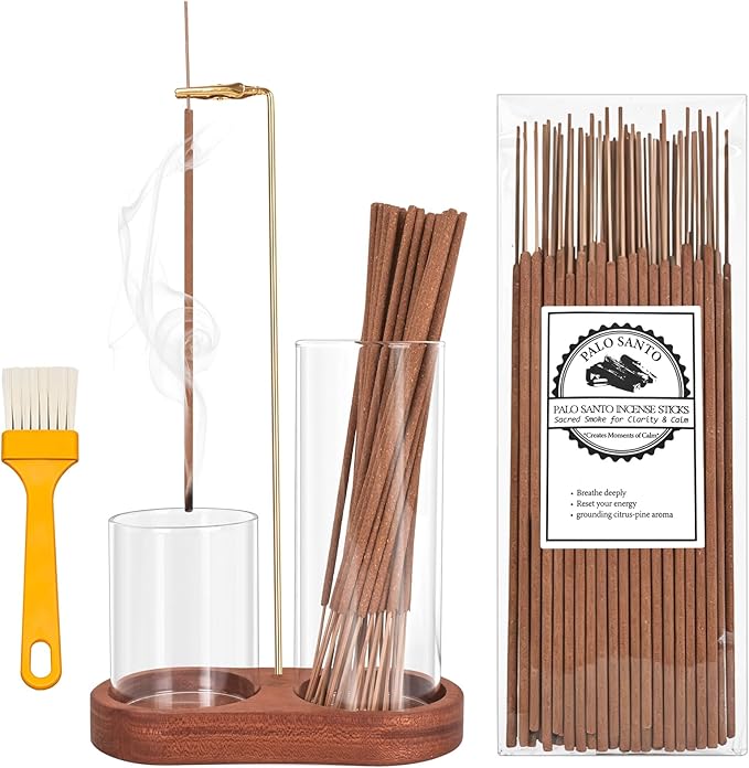 Incense Holder with 40 Pcs Palo Santo Incense Sticks - Incense Burner Holder with Glass Ash Catcher Relaxation, Purification, Meditation, Yoga Gift