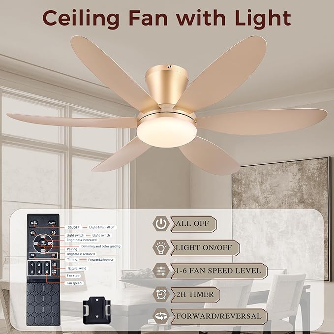 GJeg Ceiling Fans with Lights,42" Low Profile Ceiling Fan with Light and Remote Control,Flush Mount, Reversible, Dimmable, Noiseless,Gold Ceiling Fan for Bedroom