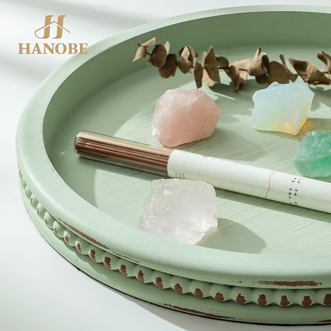 Hanobe Sage Green Decor Tray, Beaded Edge & Distressed Finish | 10.4" round wood tray for candle display, for coffee table centerpiece, living room, bedroom, kitchen.