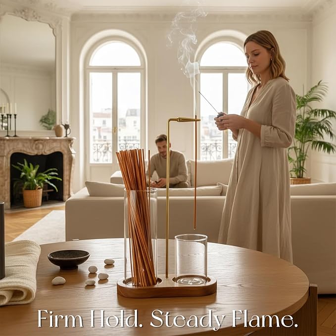 2-in-1 Incense Stick Holder with Glass Ash Catcher, Dual Glass Cups & Metal Clip, Minimalist 8-Shaped Wooden Base, Home Decor Gift (Dark Base)