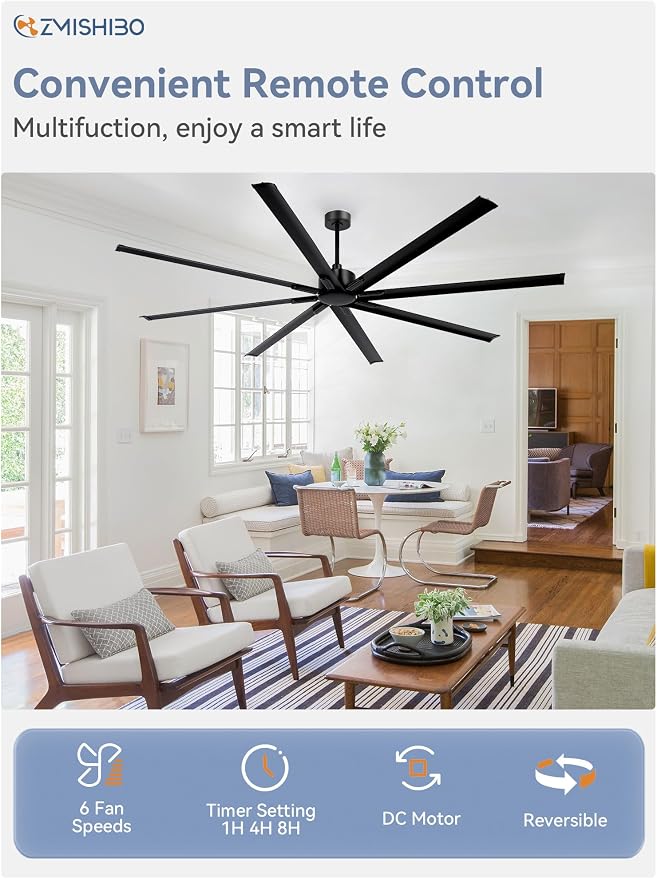 ZMISHIBO 96 Inch Ceiling Fans No Light, Large Industrial Ceiling Fan with 8 Aluminium Blades, Quiet DC Motor, 6 Speeds, Modern Ceiling Fan without Light for Garage/shop/living room,Black