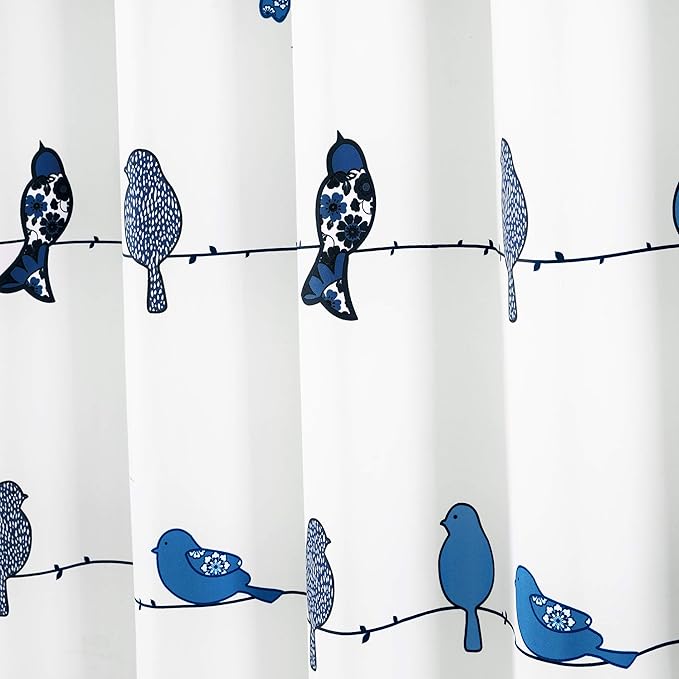 Lush Decor Rowley Birds Shower Curtain, 72” W x 72” L, Navy - Colorful Floral Bird Pattern - Whimsical & Playful Bird Shower Curtain - Farmhouse, Coastal, & Boho Bathroom Decor