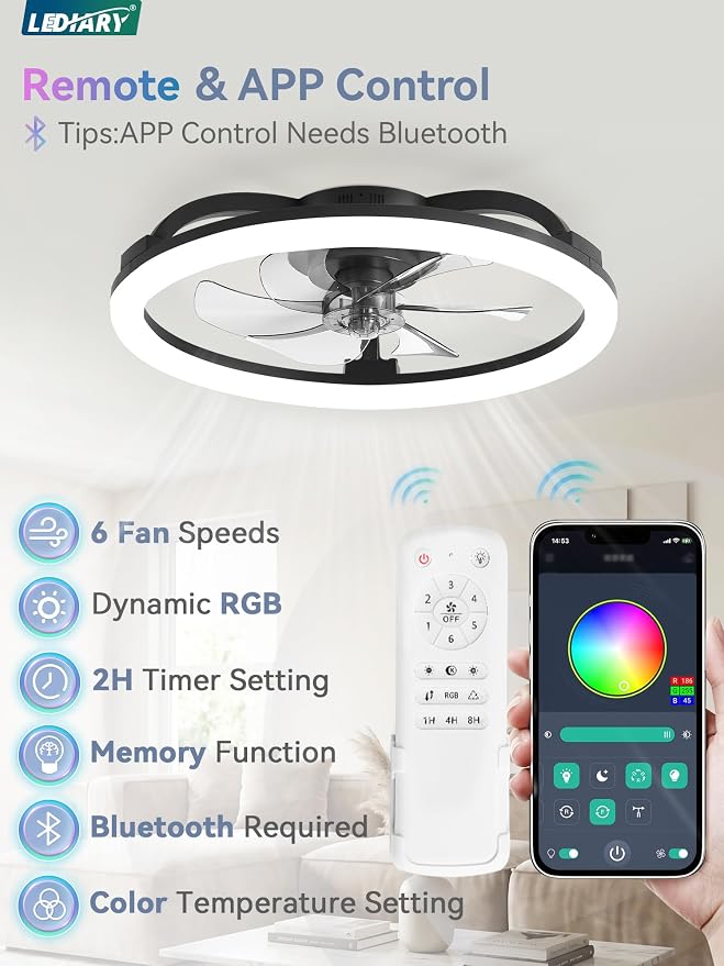 LEDIARY RGB 23" Ceiling Fans with Lights and Remote for Bedroom, Black | Low Profile Flush Mount Fan Light, Dimmable Modern Ceiling Fan(3000K-6000K), 6 Speed, Reversible, APP & Remote Control