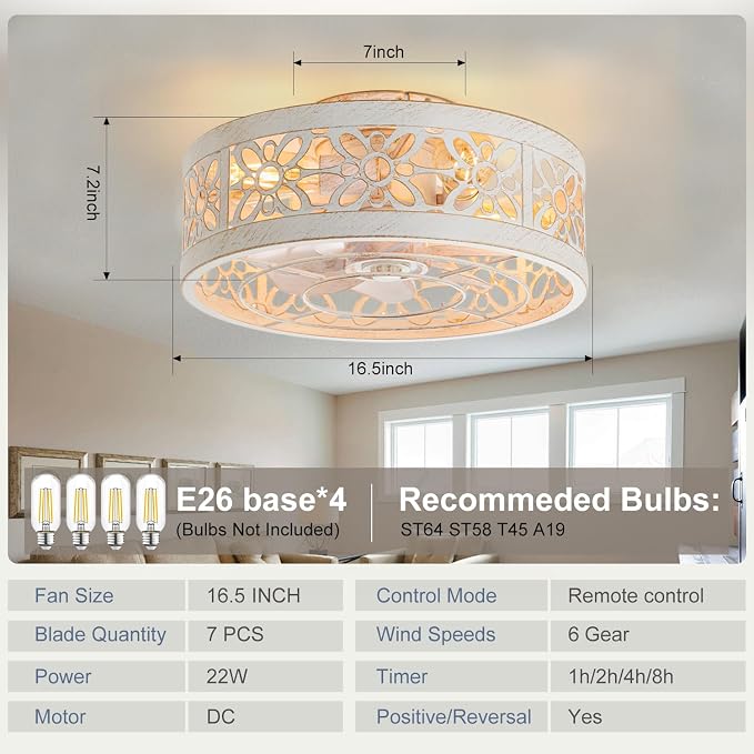 ZYD Caged Ceiling Fan with Light, 16.5" Modern Black Bedroom Ceiling Fans, Caged Ceiling Fan with Light Flush Mount, Low Profile Ceiling Flush Mount Fans for Home Upgrade