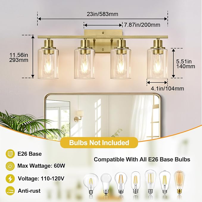 Indoi 4-Light Bathroom Light Fixtures, Brass Modern Vanity Lights with Clear Glass Shades, Bathroom Wall Lamp for Mirror Living Room Cabinet Bedroom Porch