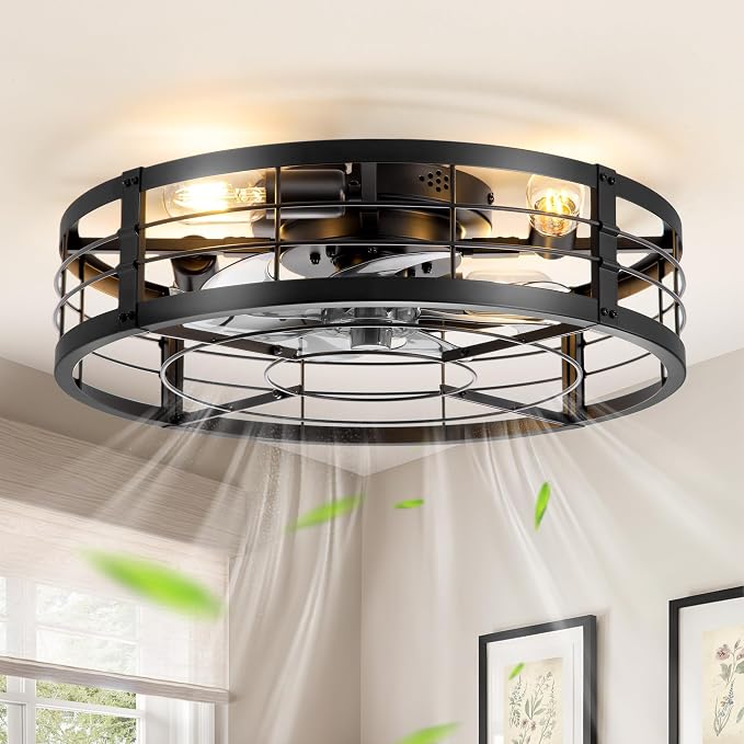 LEDIARY 20" Caged Ceiling Fan with light and Remote, Low Profile Flush Mount Fandelier, Black Bladeless Enclosed Small Fan Ceiling Light Fixtures, Rustic Farmhouse Style for Bedroom, Outdoor