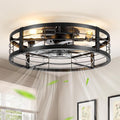 LEDIARY 20" Caged Ceiling Fan with light and Remote, Low Profile Flush Mount Fandelier, Black Bladeless Enclosed Small Fan Ceiling Light Fixtures, Rustic Farmhouse Style for Bedroom, Outdoor