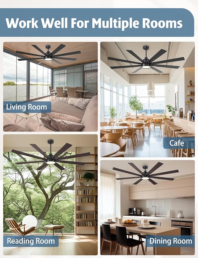 72 Inch Large Ceiling Fans with Lights and Remote - Matte Black Ceiling Fan with light, Quiet DC Motor, 3 CCT, Dimmable Modern Indoor Outdoor Ceiling Fans for Patios Living Room (Upgraded)