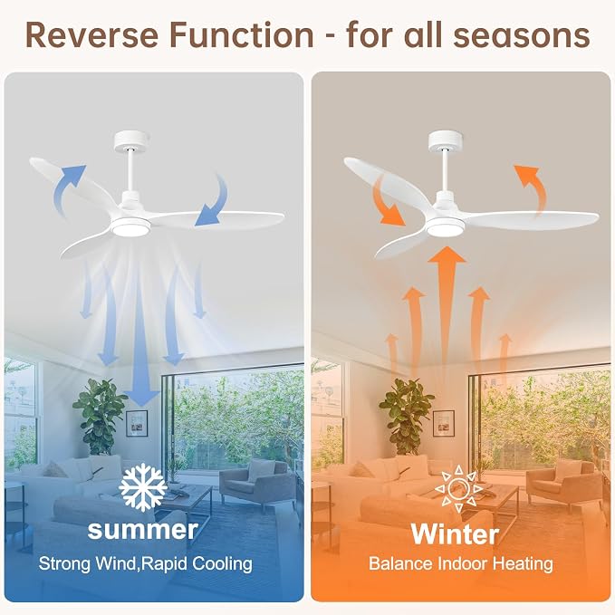 Ovlaim 52 Inch White Wood Ceiling Fan with Light and Remote | 30dB Quiet DC Motor, 6-Speed, Dimmable 3-Color, Memory Function, Reversible Motor, 3 Downrods Included, Bedroom Living Room