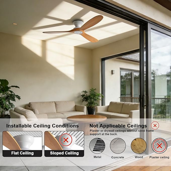 Solid Wood 42in Ceiling Fan Without Lights Flush Mount Ceiling Fans with Remote Control 6 Speeds, Wood Blades Modern Ceiling Fan No Light for Bedroom/Farmhouse/Patio/Indoor