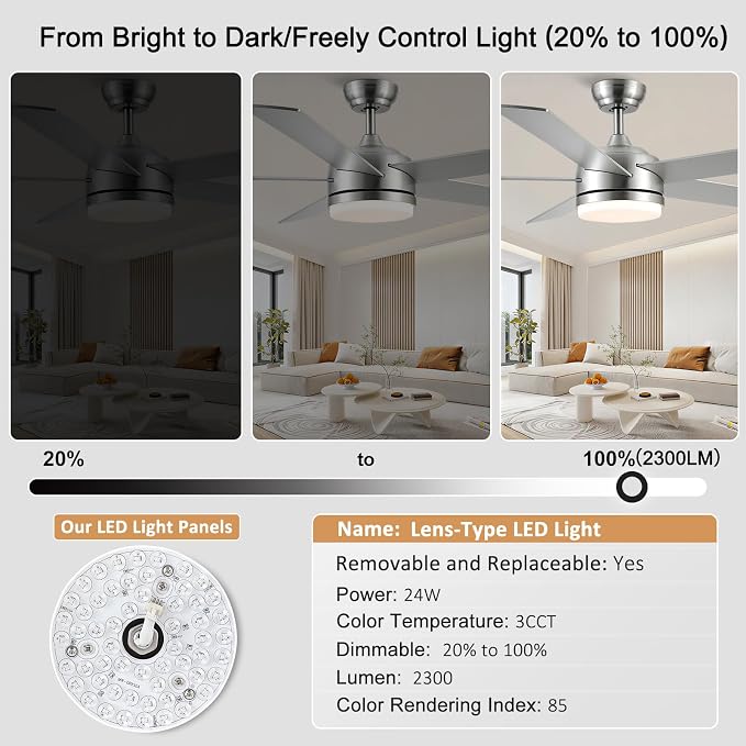 YUHAO 60 Inch Brushed Nickel Ceiling Fan with Light and Remote Control.Noiseless,Dimmable,3CCT,6 Speeds Reversible, DC Ceiling Fans for Indoor or Covered Outdoor Use.ETL Listed