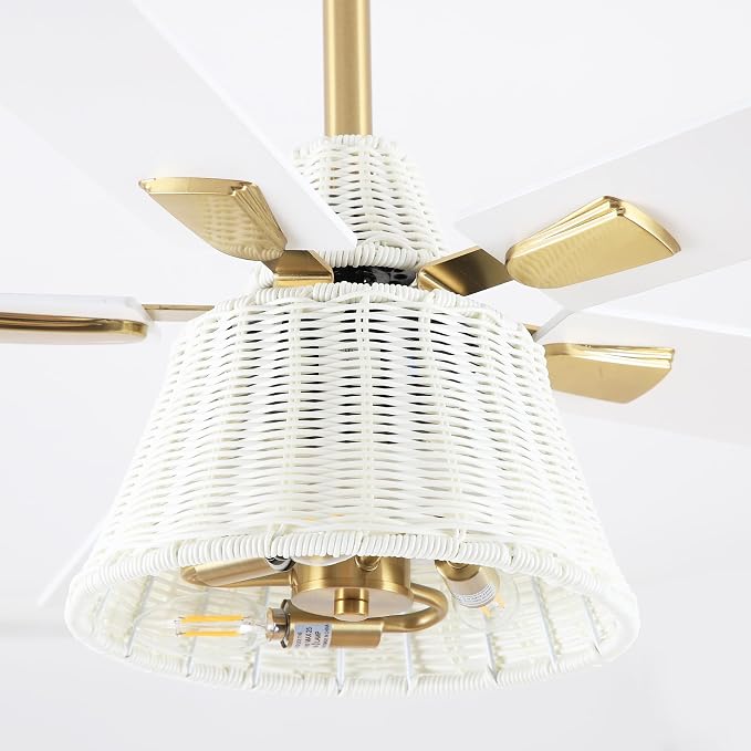 52 Inch Boho Rattan Ceiling Fan with Light and Remote, White Farmhouse Caged Ceiling Fan, 6-Speed Reversible DC Motor, Quiet Flush Mount Ceiling Fan for Bedroom Living Room Patio Indoor Outdoor