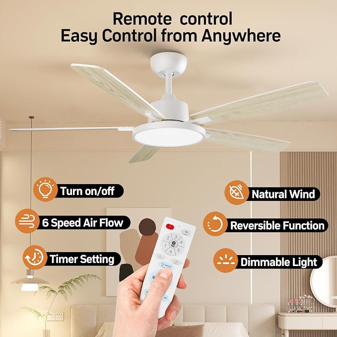 TALOYA 52 Inch White Smart Ceiling Fans with Lights Led Remote Control Flush Mount Low Profile for Bedroom Living Dining Room Outdoor Farmhouse Patio,Reversible,DC Motor,3 Color Temperatures,5 Blades