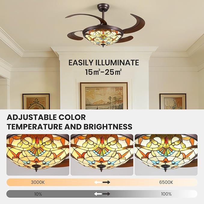 48inch Retractable Ceiling Fan Tiffany Style Chandelier Light Fixtures Ceiling with Remote & Dimmable, 6-Speed, Reversible Vintage Fandelier for Bedroom Living Room Dining Room Kitchen