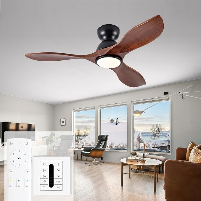 42 Inch Low Profile Ceiling Fans with Lights and Remote, Flush Mount 3 Blade Wood Ceiling Fan,Dimmable,Quiet Noiseless for Patios,Living Room,Bedroom(Wall Control Switch)