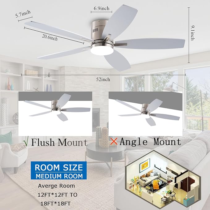 KNUN 51 inch Ceiling Fan with Light and Remote/App Control, Flush Mount Low Profile, Reversible DC Motor, Nickel Modern Ceiling Fan with Light, Dimmable,Noiseless,for Bedroom Living Room