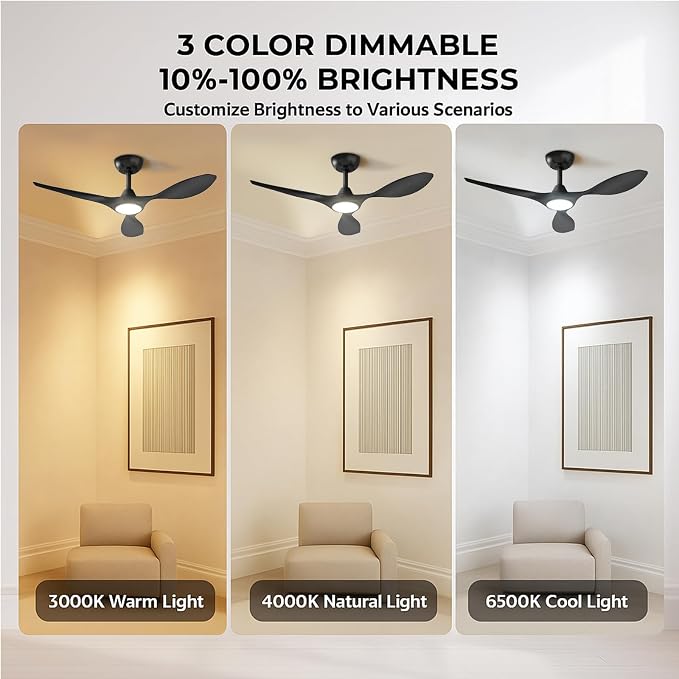 Roomratv Ceiling Fans with Lights and Remote Control,Quiet Noiseless Reversible DC Motor,6 Speeds,Timers, 3 CCT, Indoor Use, Plastic Blades,42 Inch Black Modern Ceiling Fan for Bedroom Living Room