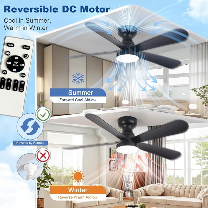 Depuley Black Ceiling Fan with Lights: 42-Inch Flush Mount Fan with Light and Remote - Low Profile Ceiling Fans Reversible Quiet DC Motor for Bedroom Living Room Indoor Outdoor