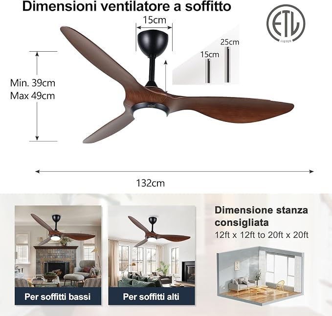 reiga 52" Modern Ceiling Fan with Light, Smart Alexa APP Remote Control | ABS Brown Blades,Metal Fittings,Quiet Energy-Saving DC Motor,6 Wind Speeds Reversible,Dimmable CCT Light,Downrods Included
