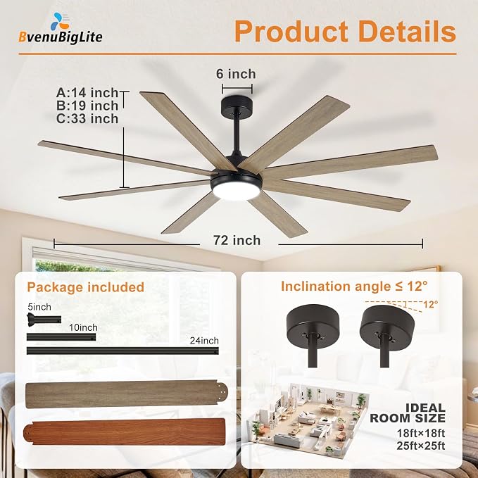 Large Ceiling Fan with Light: 72 Inch Indoor/Outdoor Fan Reversible DC Motor 6 Speed - Dual 8 Blades Big Ceiling Fans with Lights Dimmable 3CCT for Living Room Covered Patio, Wooden