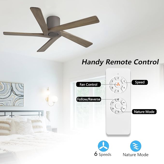 WINGBO 48 Inch Flush Mount DC Ceiling Fan without Lights, 5 Reversible Carved Wood Blades, 6-Speed Noiseless DC Motor, Hugger Ceiling Fan No Lights in Graphite Finish with Gray Blades, ETL Listed