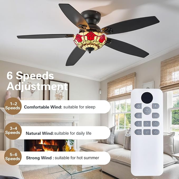 Tiffany Ceiling Fans with Lights - 52" Ceiling Fan Chandelier with 5 Dual-Blades and Glass Shade, 6 Speeds and Reversible, Indoor and Outdoor, Retro Style