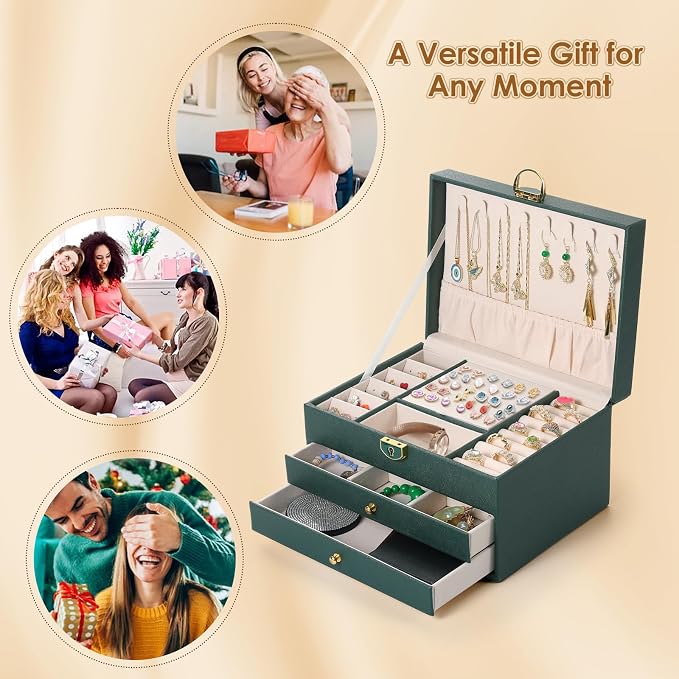 coobest 3 Layer Jewelry Box, Jewelry Holder Organizer with 2 Drawer Tray, Large boxes for Women Velvet Earring Organizer, Lockable & Organizers, Birthday Gifts for Women Mom, Green