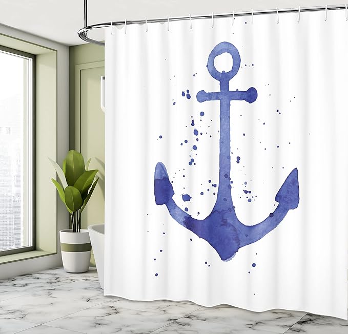 Ambesonne Anchor Shower Curtain, Watercolors Illustration of Anchor Color Drops All Around Navy Equipment Retro Print, Cloth Fabric Bathroom Decor Set with Hooks, 69" W x 75" L, White Navy