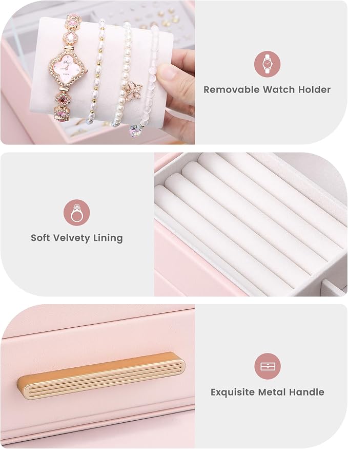 Lolalet 2-Layer Jewelry Box Organizer Holder for Women Girls Mom -Pink | Jewelry Storage Case with Drawers for Necklaces Ring Earrings Bracelet Watch, Gifts Choice for Mom Mother’s Day