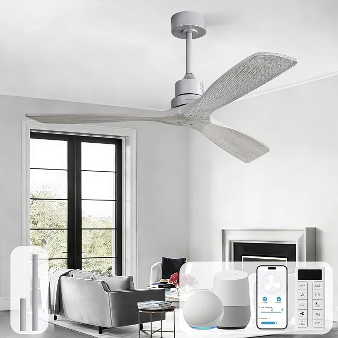 Sofucor Smart Ceiling Fan no Lights, 52" Low Profile Wood Ceiling Fans with Remote, Compatible with Alexa/Google/App, for Bedroom Living Room Patio Indoor Outdoor