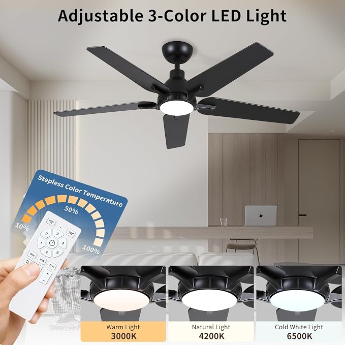 52 Inch Ceiling Fan with Light and Remote Control, Black | 6-Speed Quiet Reversible DC Motor, 3CCT Dimmable 24W LED Light,5 Wood Blades,Used for Bedroom, Living Room, Covered Patio