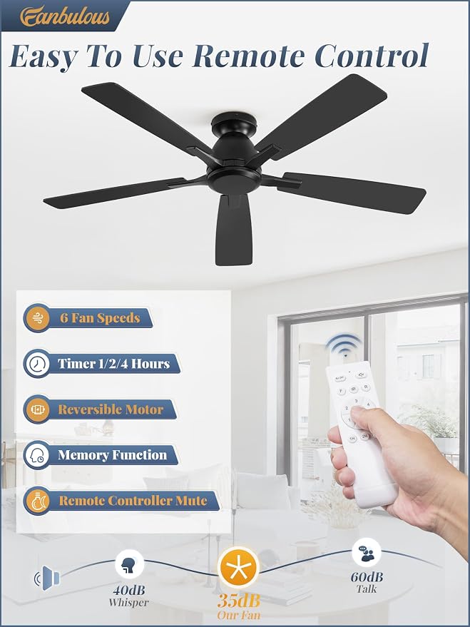 Fanbulous 52 Inch Flush Mount Ceiling Fan No Light with Remote, Black | Modern Low Profile Without Light, 6-Speed, Quiet Reversible DC Motor, Indoor/Outdoor Use, for Bedroom, Living Room, Patio