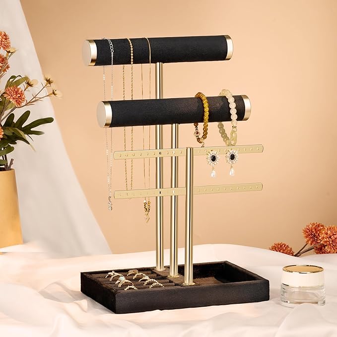 Jewelry Organizer Stand for Necklaces, Bracelets, Earrings, Rings, Black | 3 Tier Velvet Bracelet Holder Display | Jewelry Organizers and Storage | Jewelry Tree | Jewelry Towers