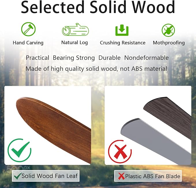 QUTWOB 42" Wood Ceiling Fan with Light, Reversible DC Motor, Remote Control | solid wood blades, quiet 6-speed reversible dc inverter motor, remote control, 3-color led, for indoor outdoor patio garage
